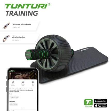 Vatsan harjoituspyörä TUNTURI Pro Exercise Wheel Deluxe, polvimatolla